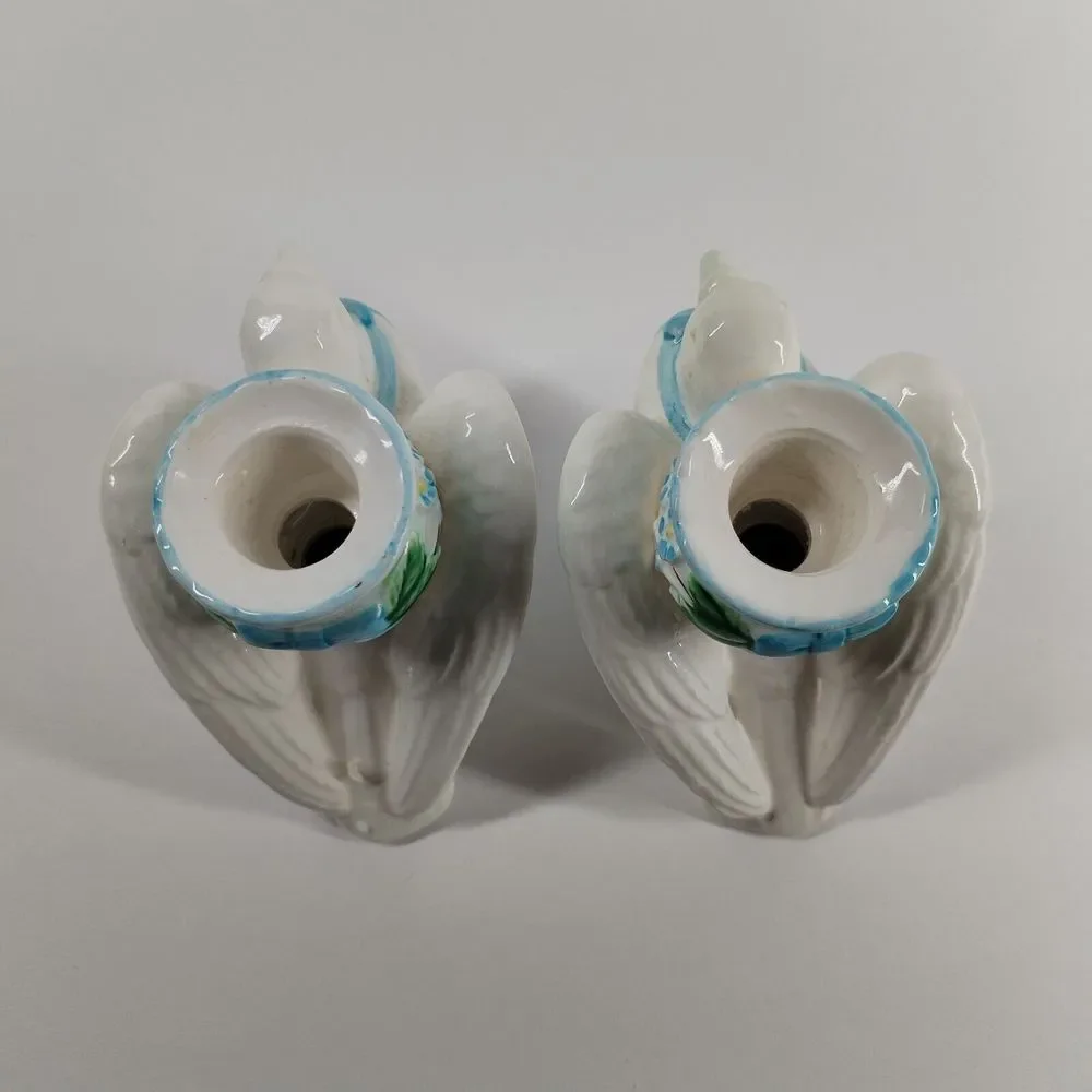 Vintage 1988 The Haldon Pair Dove Bird‎ Candle Holders White Blue Ribbon 4